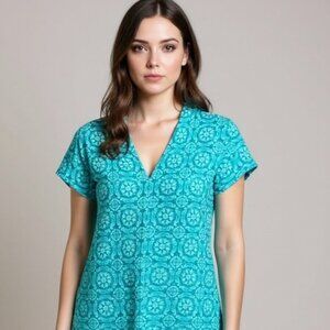 Soft Surroundings Twilight Luau Short Sleeve Shirt Turquoise Top Size Small